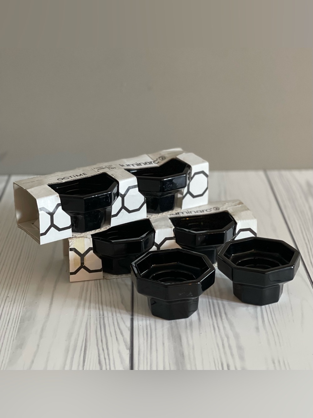 Vintage Luminarc Octime Black Octagonal Canleholders - Set of 6